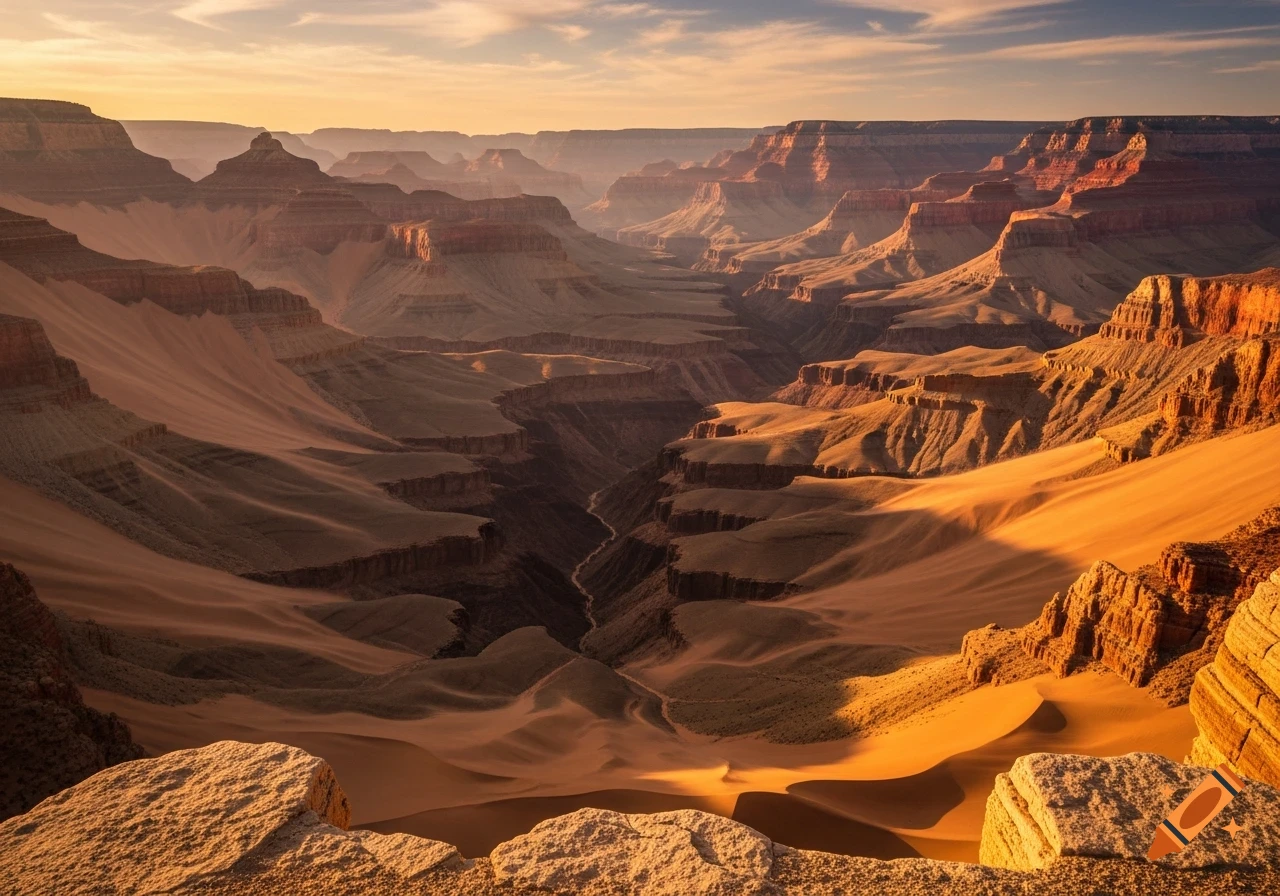 A dramatic aerial view of a grand canyon at sunrise, with massive sand dunes filling the valley and a narrow river below.