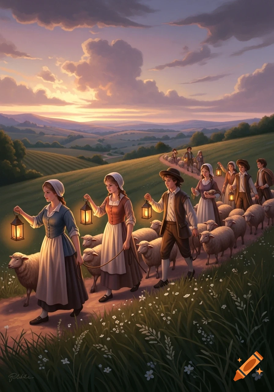 Illustrative image of children shepherds with lanterns and sheep walking on a path through rolling green hills at sunset.