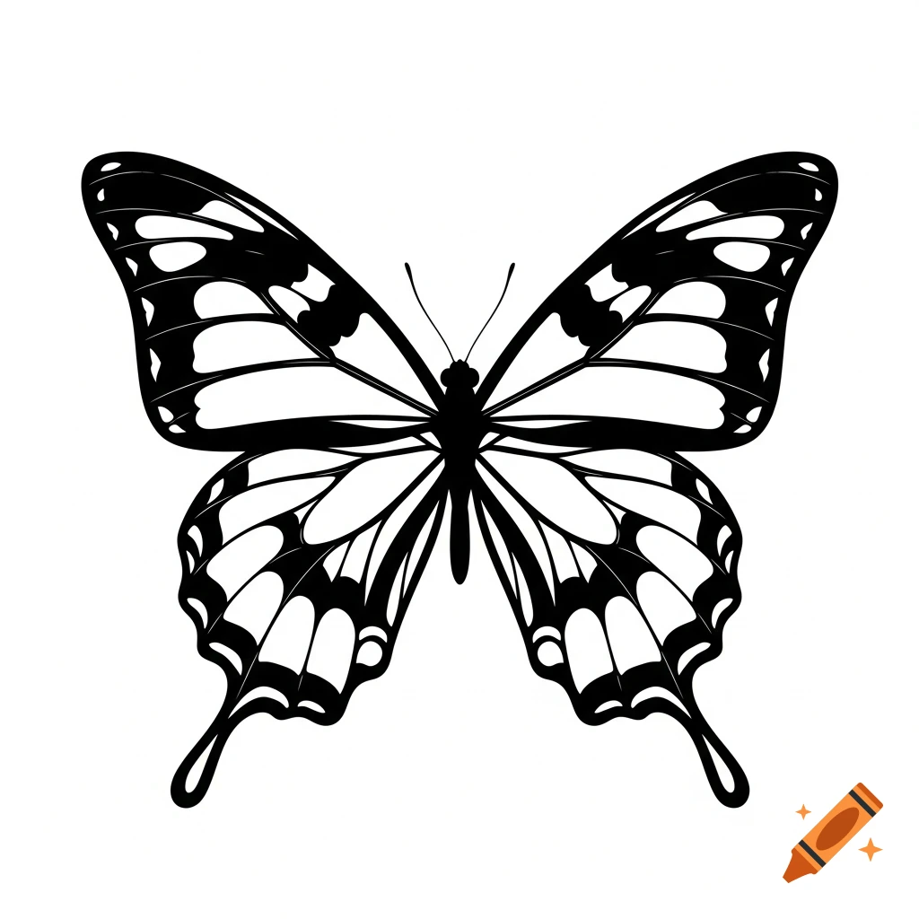 A black and white vector graphic of a butterfly, presented as a silhouette on a white background.