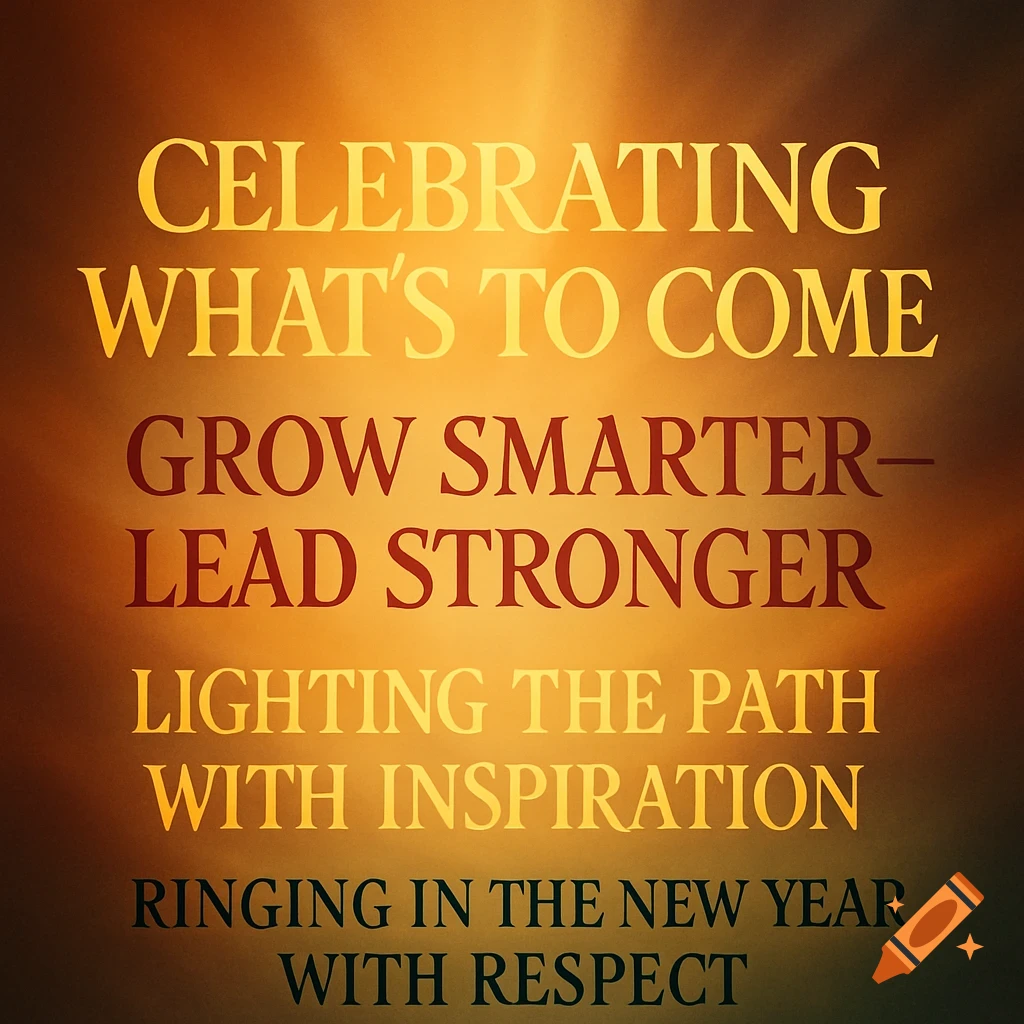 Inspirational text on a warm golden background, reading: "CELEBRATING WHAT'S TO COME GROW SMARTER- LEAD STRONGER LIGHTING THE PATH WITH INSPIRATION RINGING IN THE NEW YEAR WITH RESPECT"