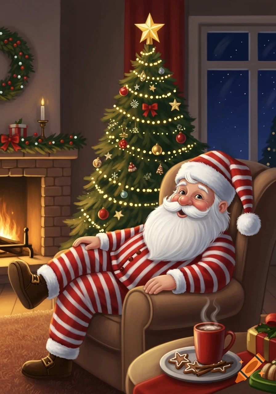 Cartoon Santa Claus in red and white striped pajamas relaxing in an armchair by a cozy fireplace and a brightly lit Christmas tree.