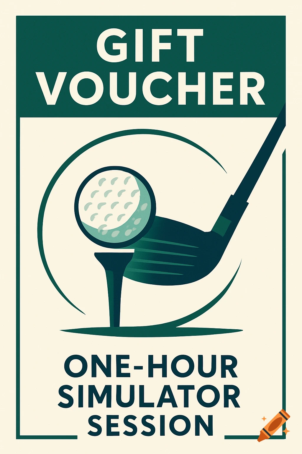 Graphic golf gift voucher for a one-hour simulator session, featuring a golf ball on a tee and a golf club.