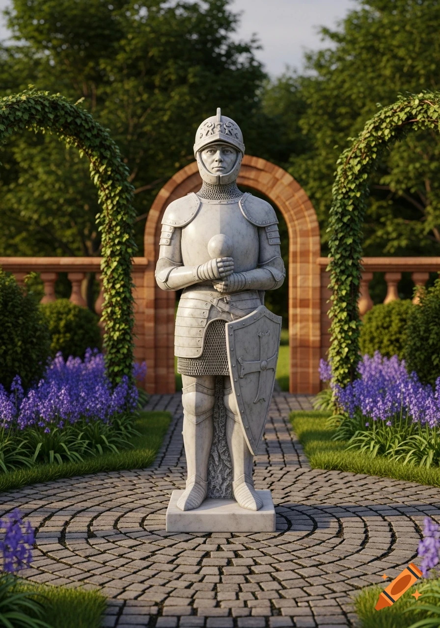 A photorealistic statue of a knight in full armor stands on a cobblestone path in a lush garden with purple flowers and green foliage.