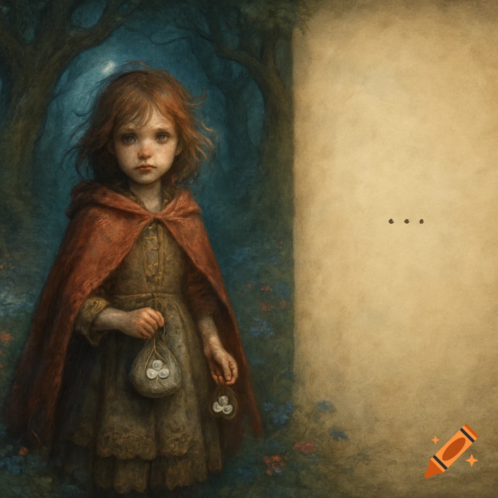 A melancholic young girl in a red hooded cape and an old dress holds small bags with coins, standing in a dark, stylized forest next to a blank text area.