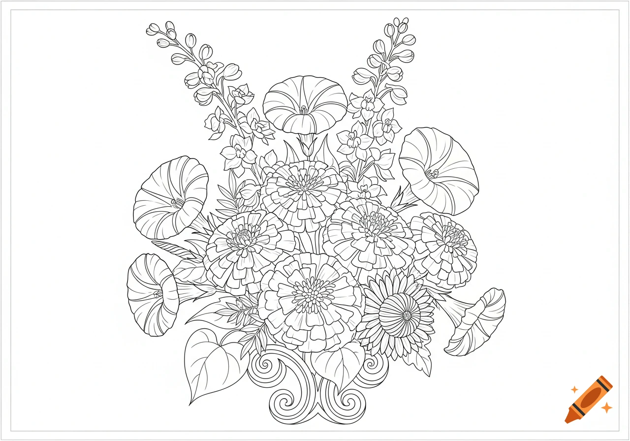 Linear drawing of a bouquet with morning glories, larkspur, marigolds, and chrysanthemums.
