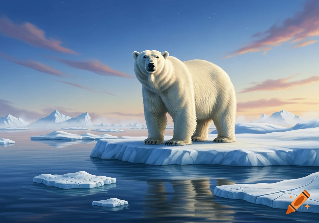 A photorealistic polar bear stands on an ice floe in a calm arctic sea under a blue sky with soft clouds.
