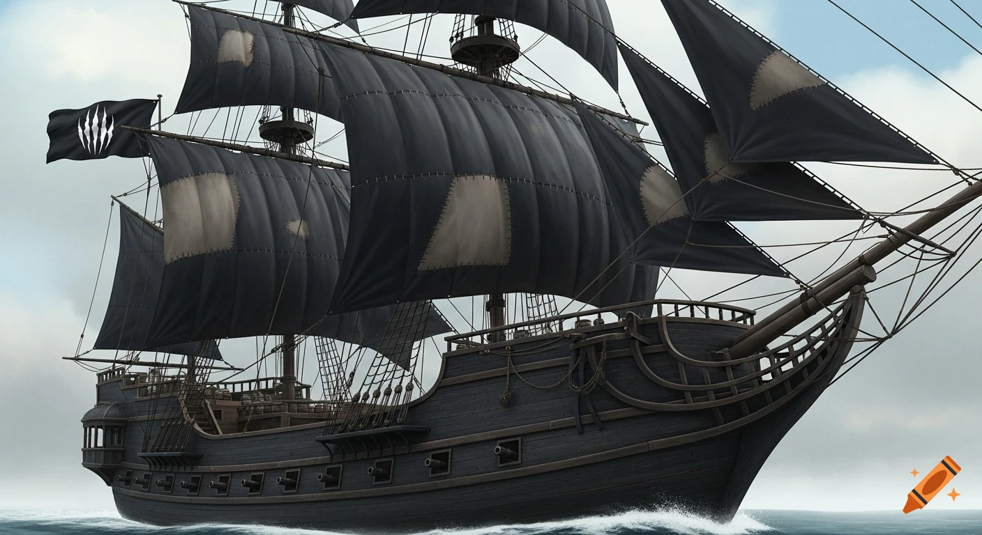 A dramatic, Ghibli-inspired view of a dark black pirate ship with patchwork sails and a white claw flag sailing on the sea.