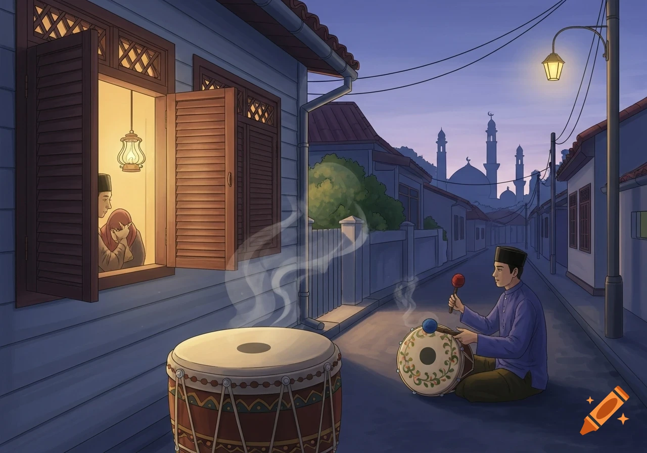 An illustration of a man playing a drum on a village street at dawn, with a couple looking out a window and mosques in the background.
