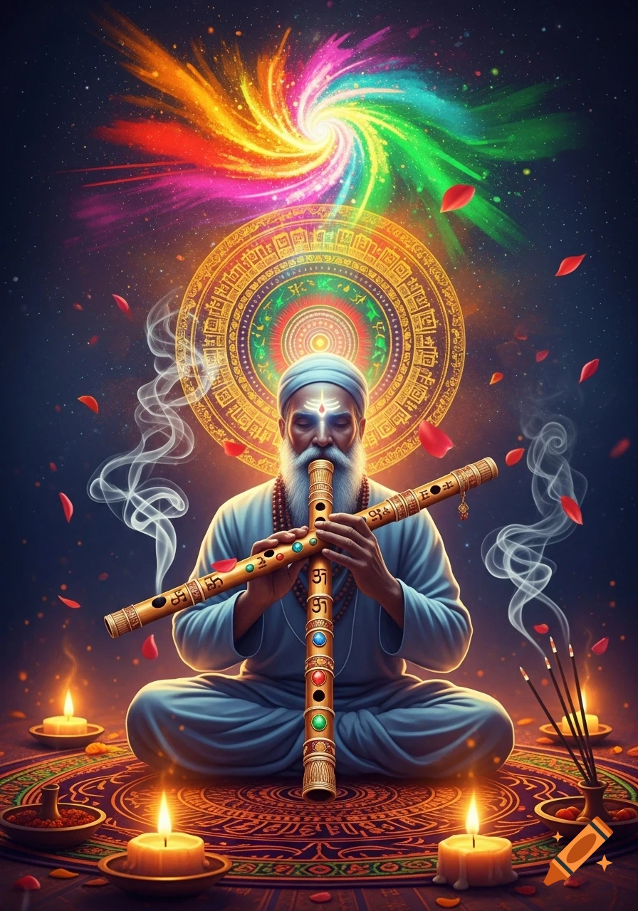 A meditating man with a white beard and blue turban plays a golden flute, surrounded by glowing candles, incense, smoke, red petals, and a vibrant, colorful cosmic energy spiral above a detailed circular mandala.