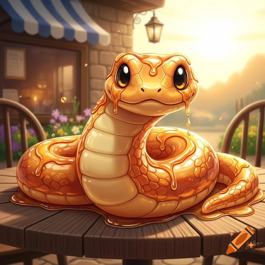A cute, cartoon-style golden syrup snake, dripping on a wooden table at an outdoor cafe with a sunny background.