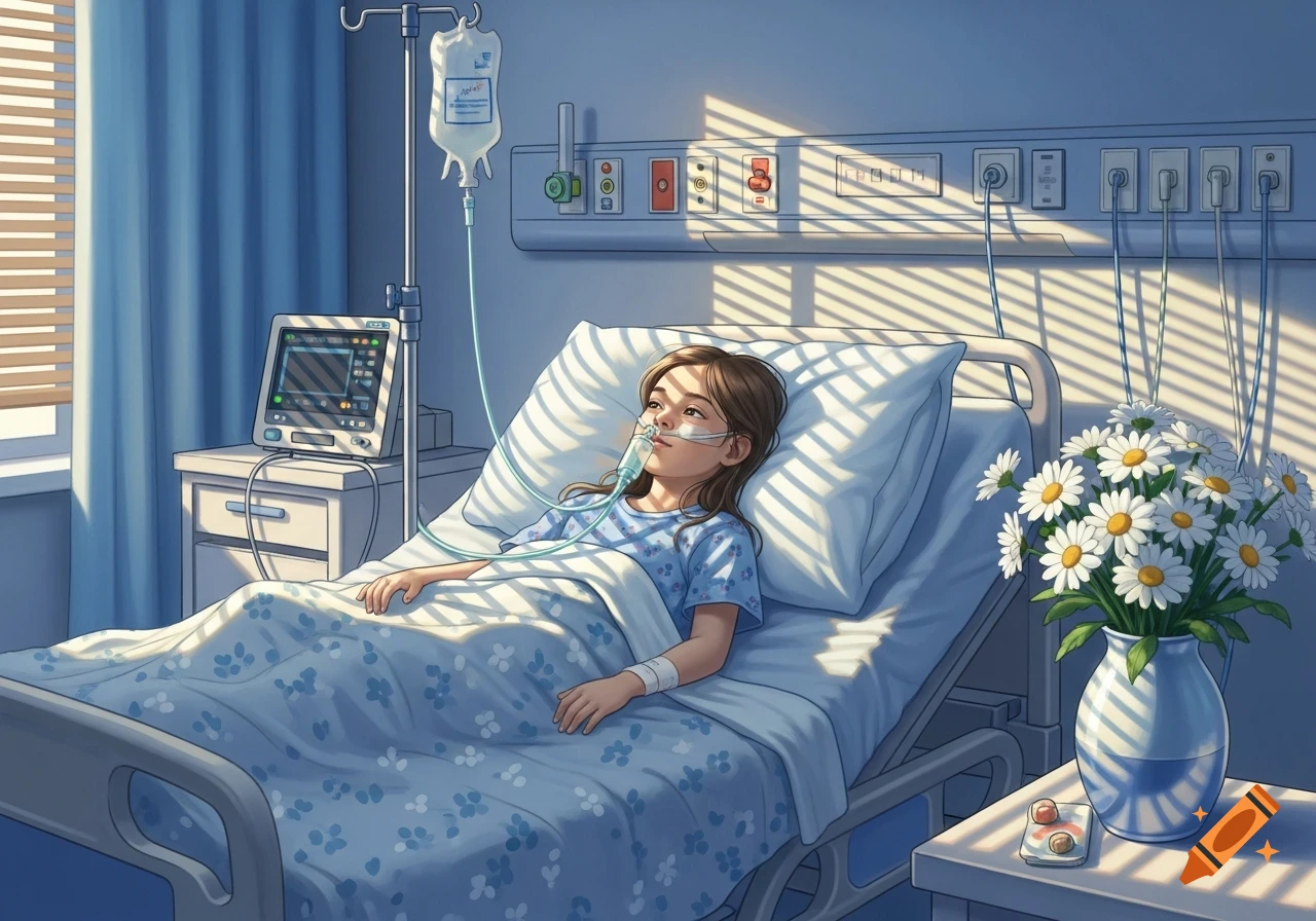 A young girl lies in a hospital bed with an oxygen mask, an IV drip, and a heart monitor nearby, sunlight streams through blinds.
