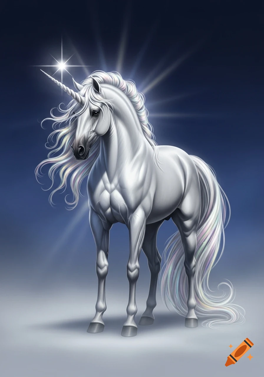 A majestic white unicorn with a shimmering spiraled horn and flowing rainbow-hued mane and tail stands against a dark blue background with emanating light rays.