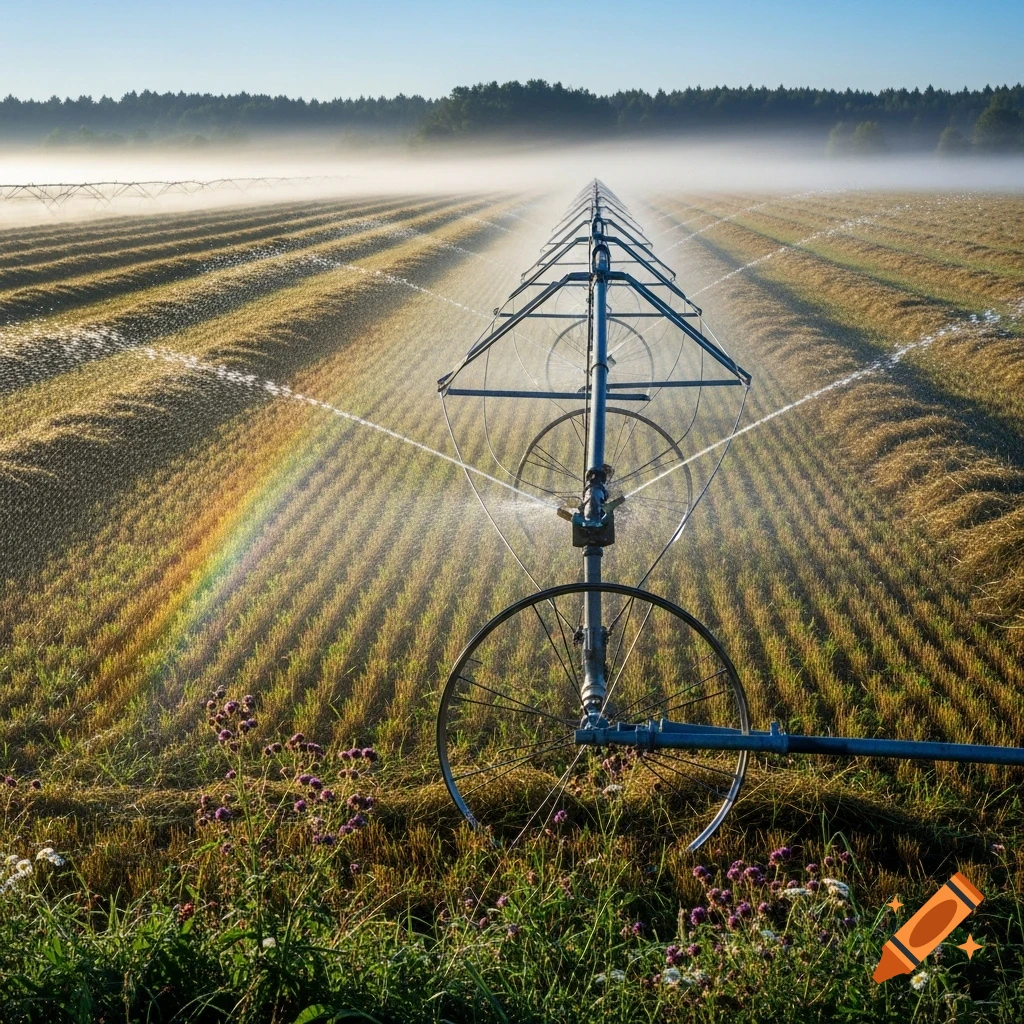 A photorealistic image of a wade rain wheel line sprinkler watering a golden hay field under a misty sky with a rainbow.