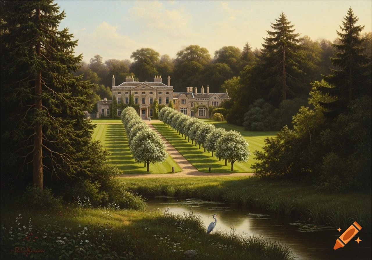 Oil painting of a grand English manor house, an avenue of trees, dense woods, and a heron in a river at golden hour.