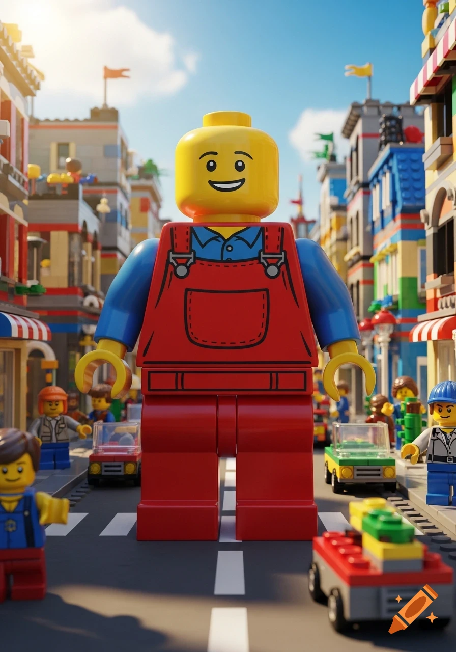 A giant Lego minifigure in red overalls and blue shirt stands on a street in a vibrant Lego city.