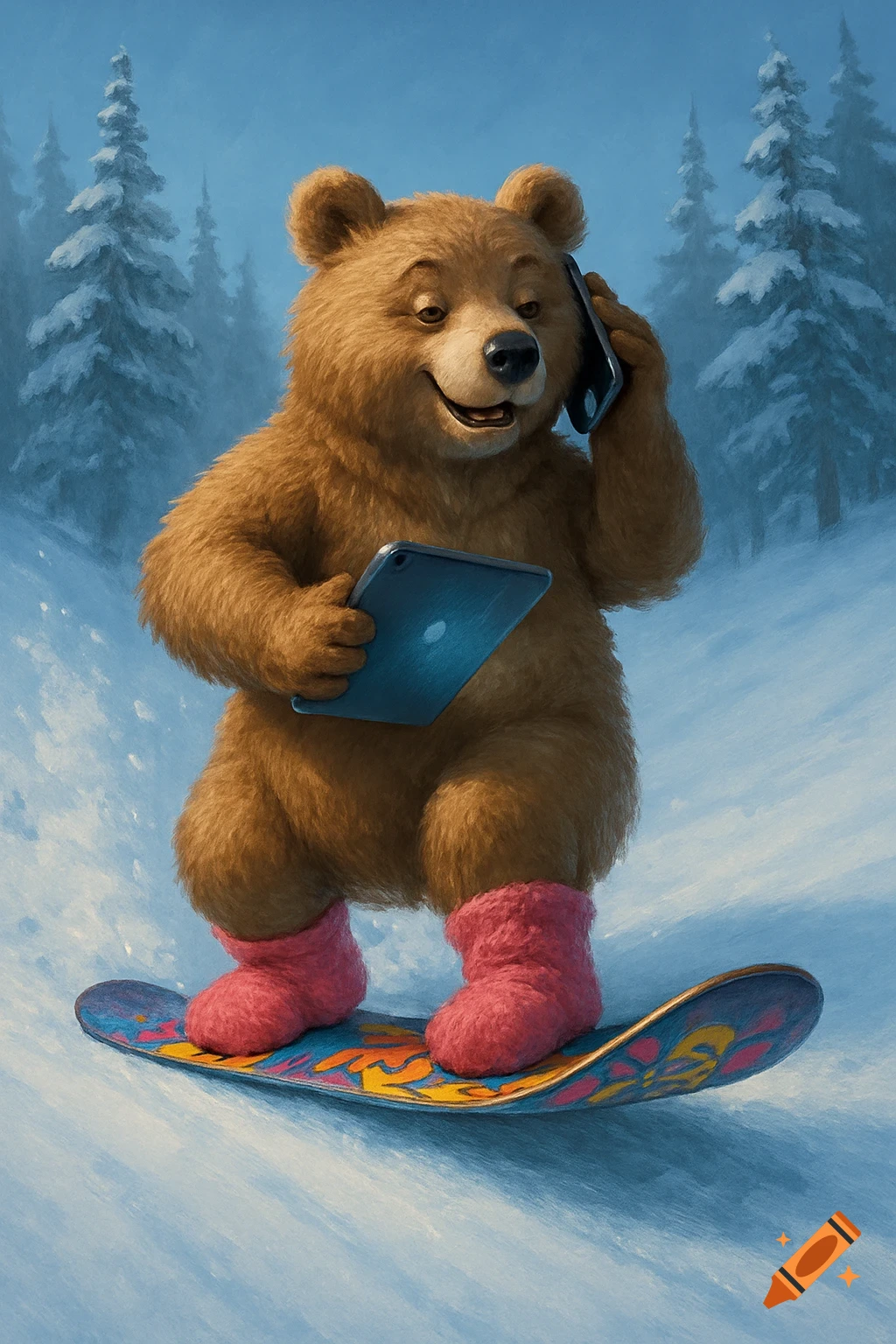 Cartoon brown bear in pink socks snowboarding, talking on a phone while holding a tablet in a snowy forest.