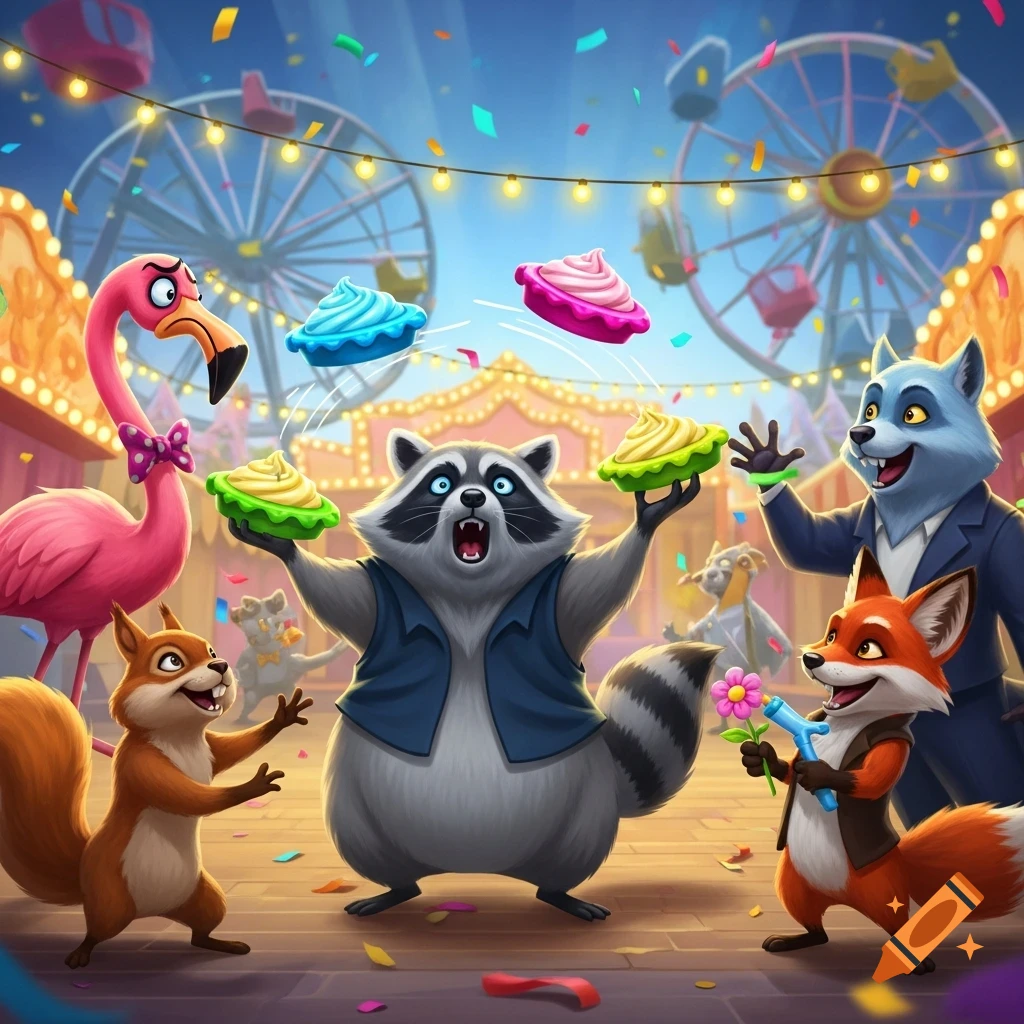 Cartoon animals, including a raccoon juggling cupcakes, a flamingo, squirrel, wolf, and fox, at a vibrant carnival with Ferris wheels.