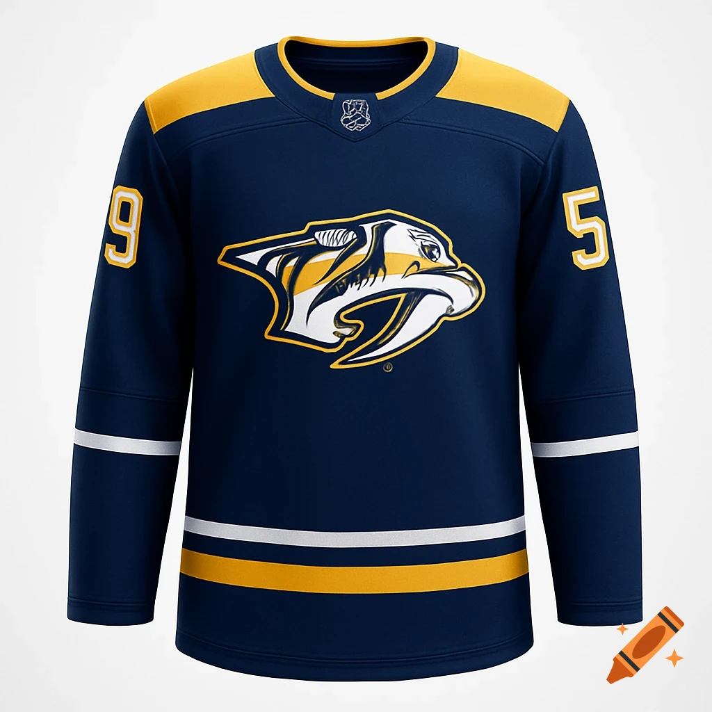 Front view of a deep navy blue Nashville Predators hockey jersey with gold shoulders, white and gold stripes, and numbers '9' and '5' on the sleeves.