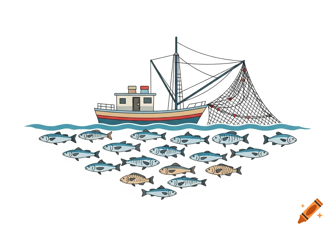 A simple drawing of a fishing boat on waves with its net deployed, surrounded by a school of various fish.