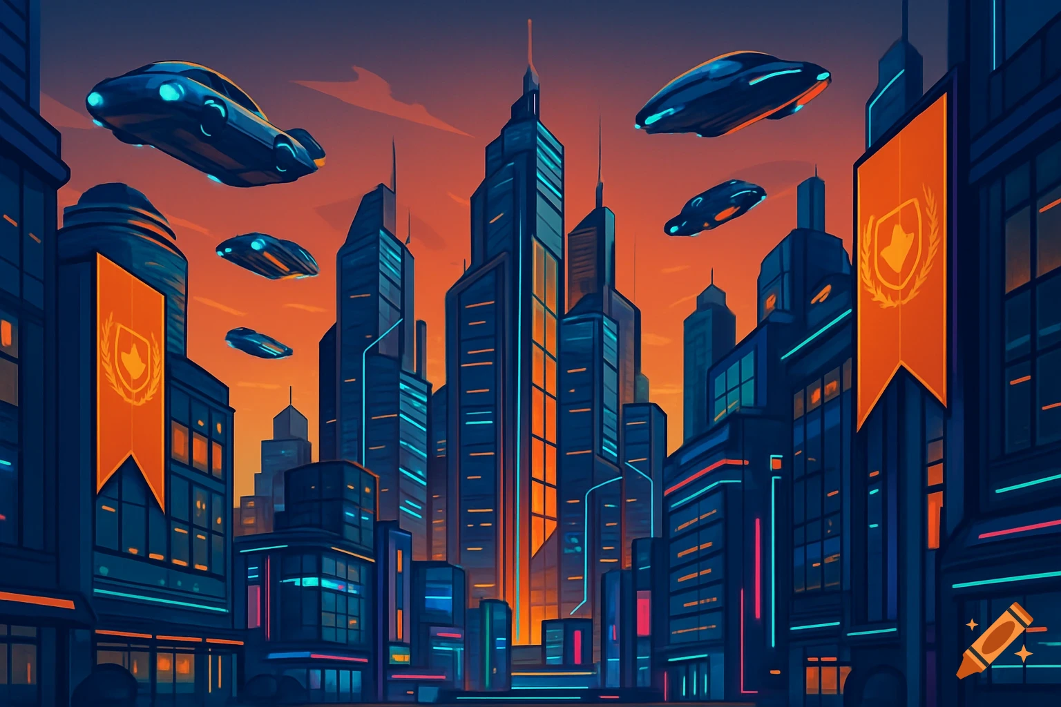 Vector art of a futuristic city with tall skyscrapers and flying cars under an orange sunset sky.