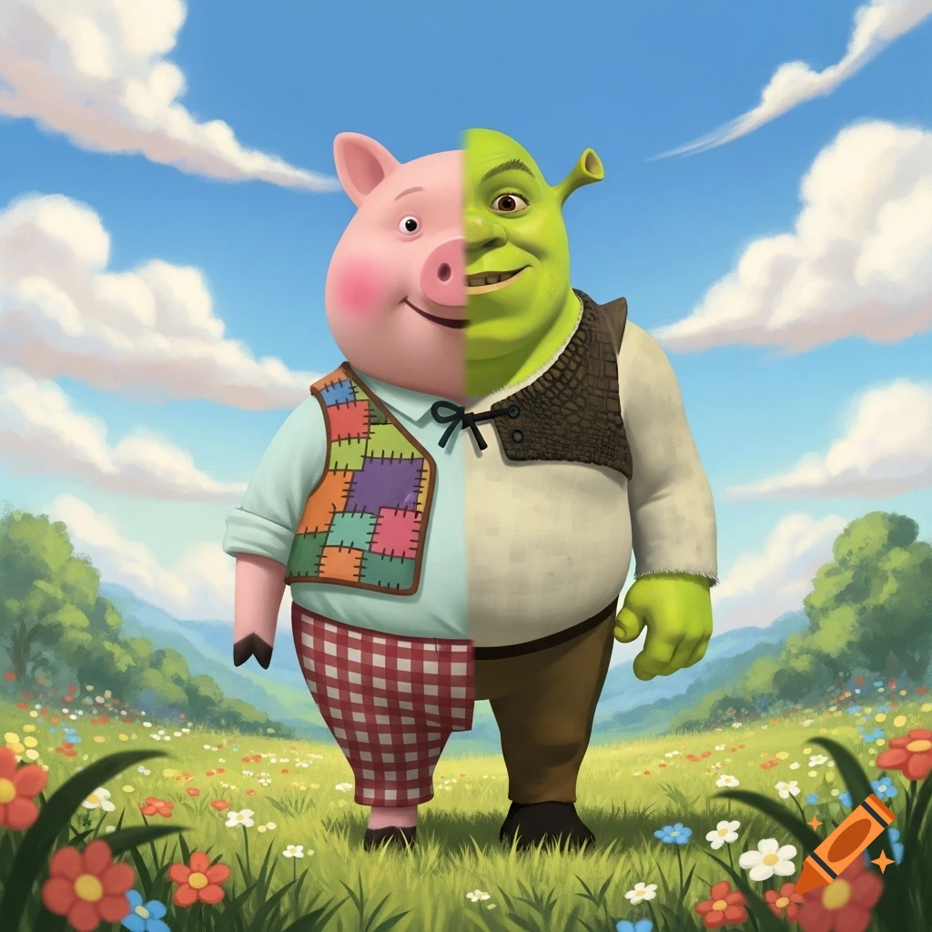 A creature merged from Percy Pig and Shrek stands in a sunny, flower-filled field under a blue sky.