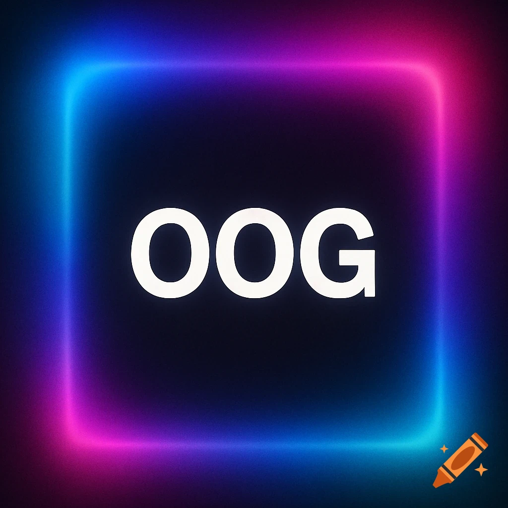 White text "OOG" centered on a dark background, surrounded by a glowing neon rectangular frame in blue, pink, and purple.