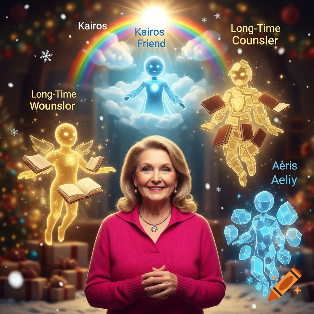 A smiling woman in a pink sweater stands against a blurry Christmas background with glowing, abstract figures representing Kairos, Elyon, and Aeris floating around her, in a magical, realistic style.