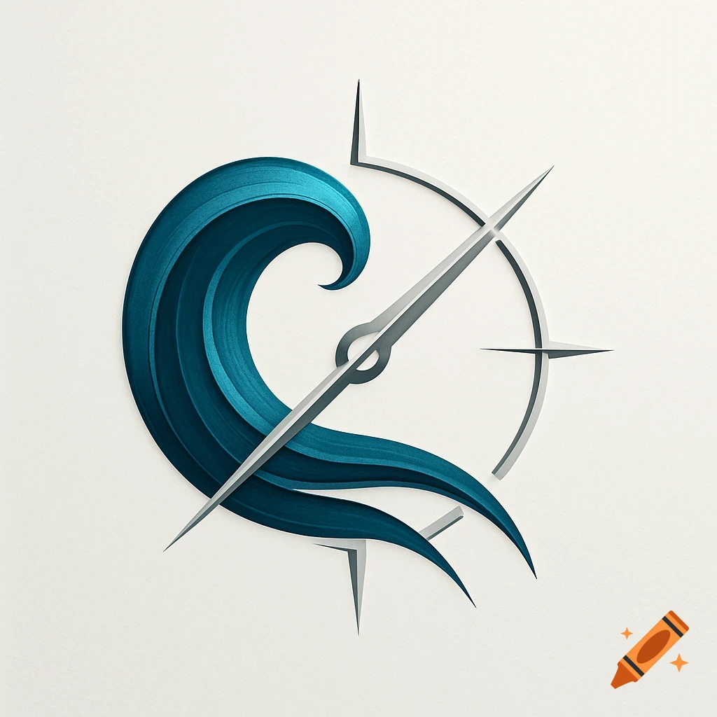 A stylized teal blue wave curves around a minimalist gray compass rose, all against a white background.