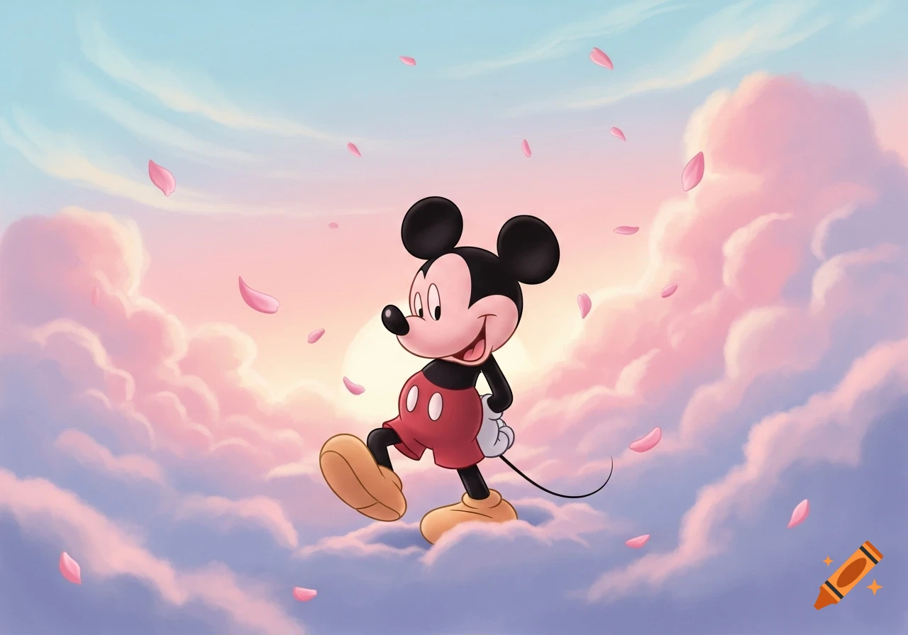 A cheerful Mickey Mouse walks on pink and purple clouds with falling rose petals against a light blue sky.
