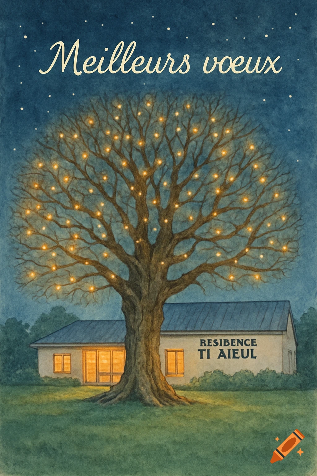 A traditional watercolor illustration of a majestic bare tree adorned with golden lights, in front of a lit building at night under a starry sky.