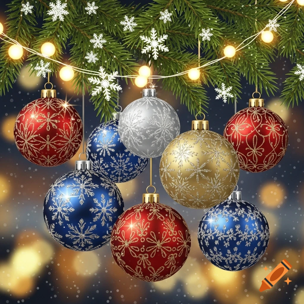 A cluster of red, blue, gold, and silver Christmas ornaments with snowflake patterns hangs from pine branches adorned with string lights and falling snowflakes.