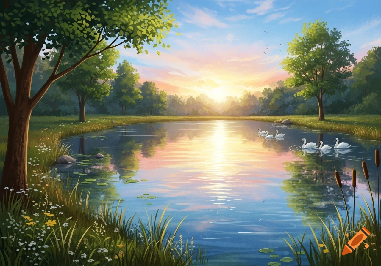 A serene landscape depicting a pond at sunset, with swans gracefully gliding on the reflective water, surrounded by lush trees and grass.
