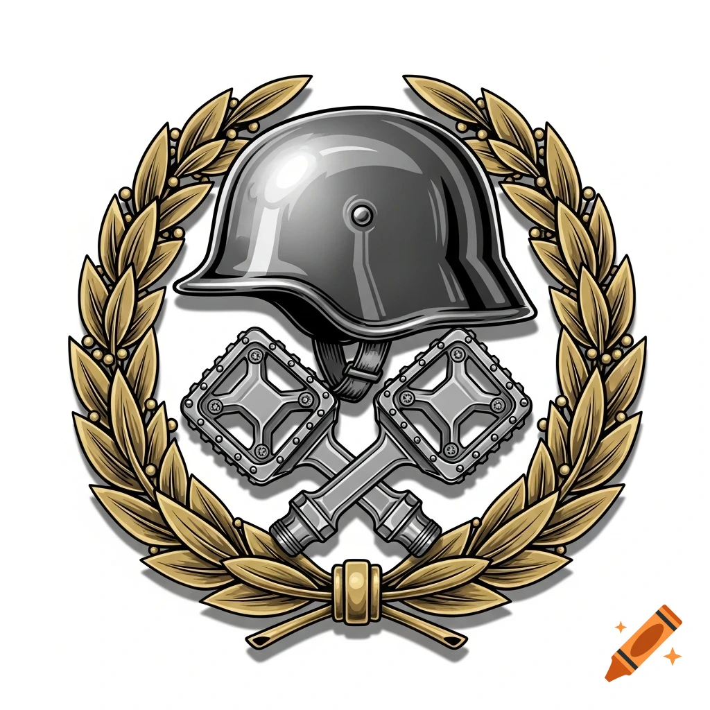 An illustration of a gray military-style helmet and two crossed bicycle pedals framed by a golden laurel wreath.