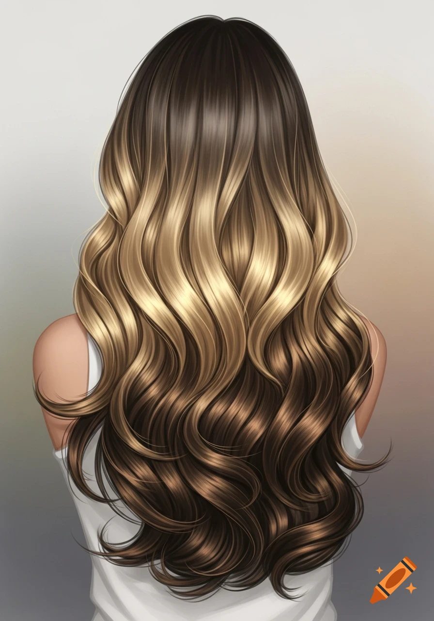 Digital illustration of a person's back with long, wavy, dark brown to golden blonde ombr0 hair, wearing a white top.