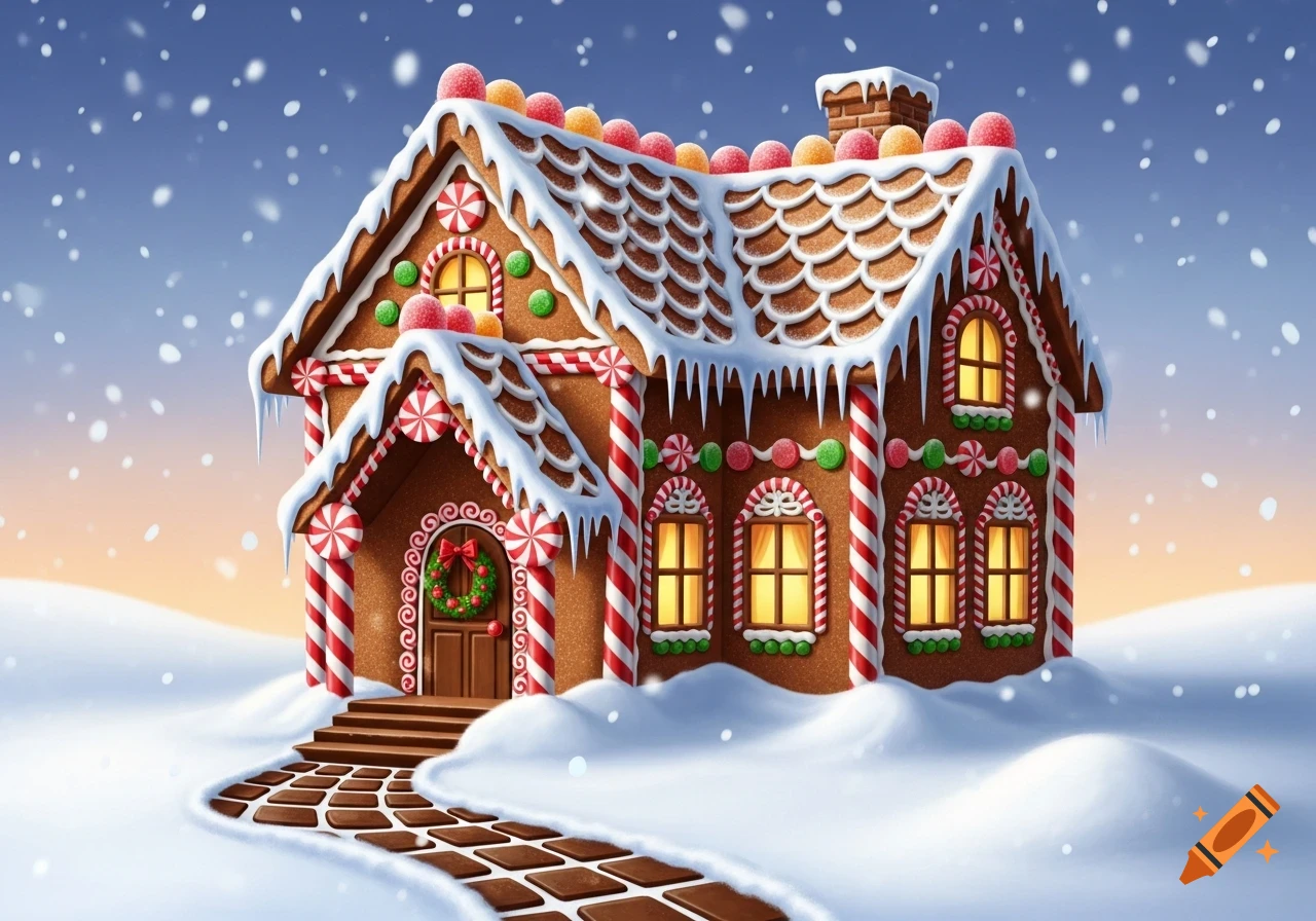 A charming gingerbread house, decorated with candy and icing, sits ...