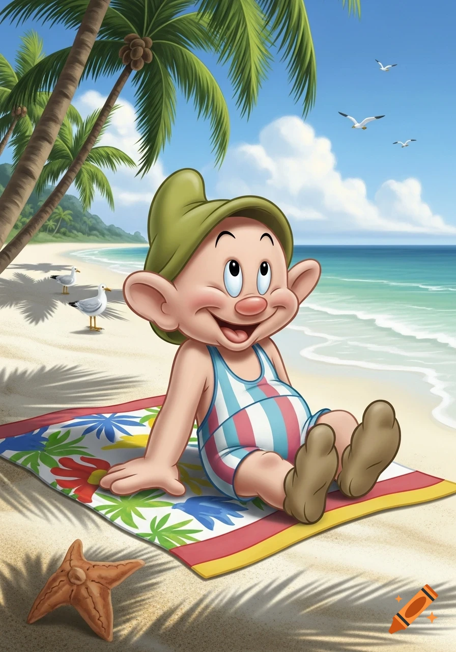 Cartoon Dopey the Dwarf in a green hat and striped bathing suit sits on a towel on a tropical beach with palm trees and ocean.