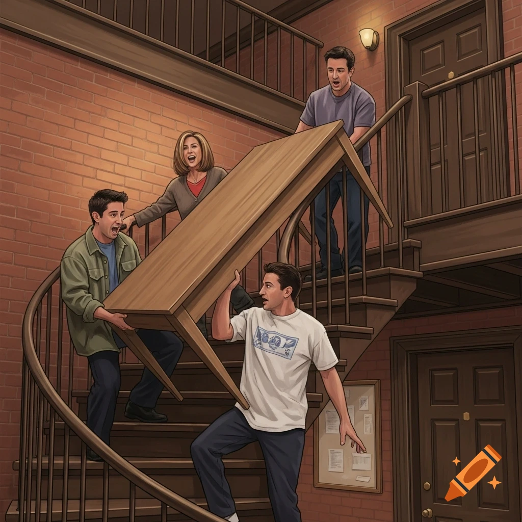 Cartoon illustration of four Friends characters comically struggling to move a large wooden table up a spiral staircase.