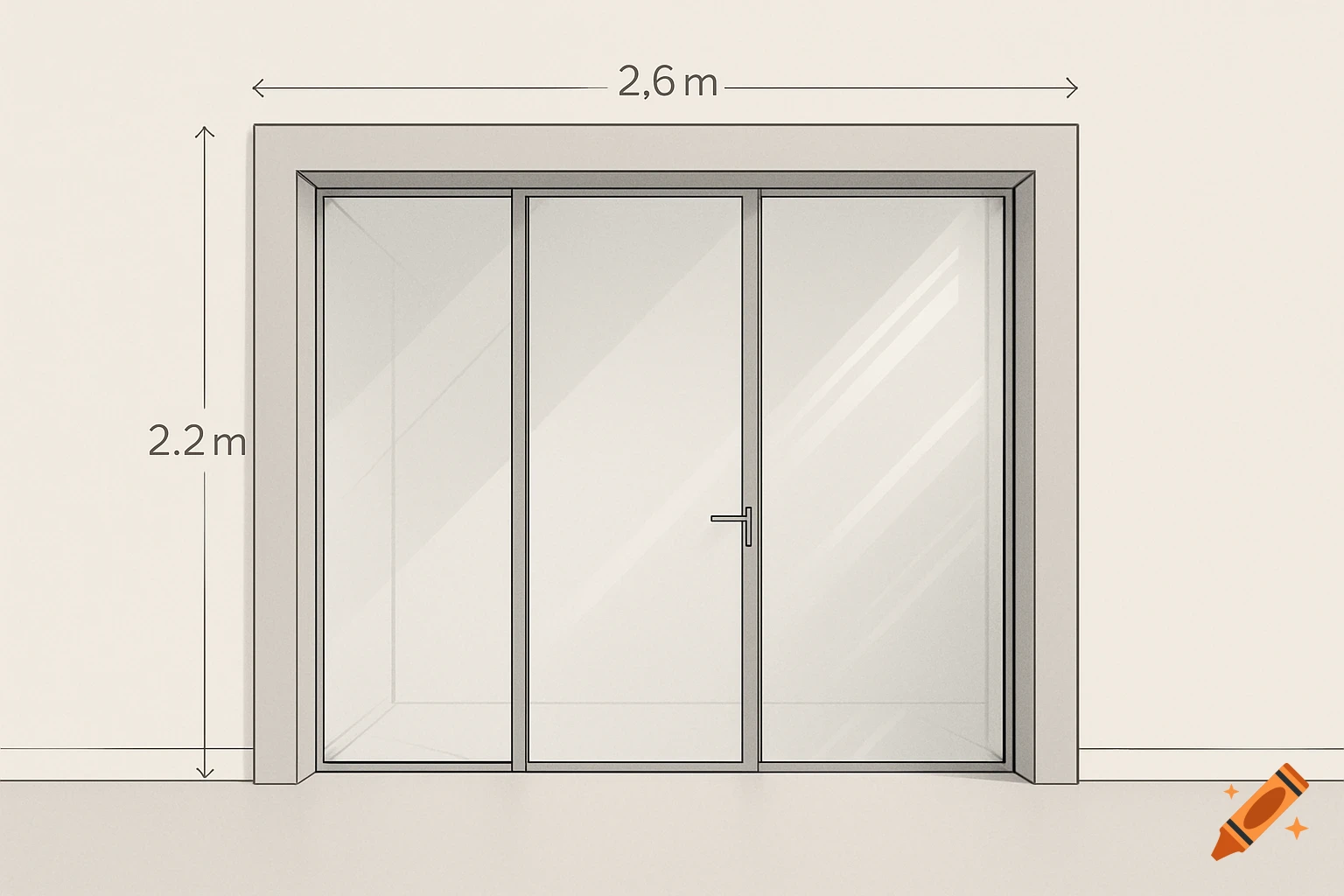 A minimalist technical drawing of a doorway with three glass panels, annotated with dimensions of 2.6m width and 2.2m height.