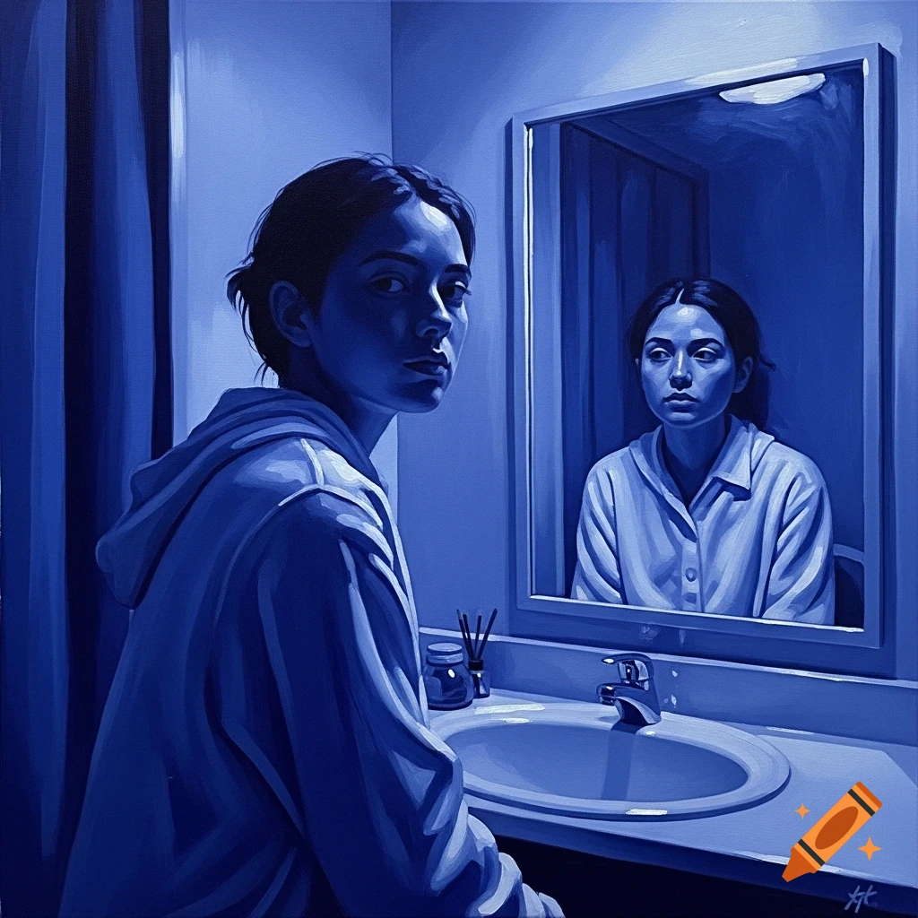 Monochromatic cobalt blue painting of a person in a bathroom looking at the camera, while their reflection in a mirror looks inward.