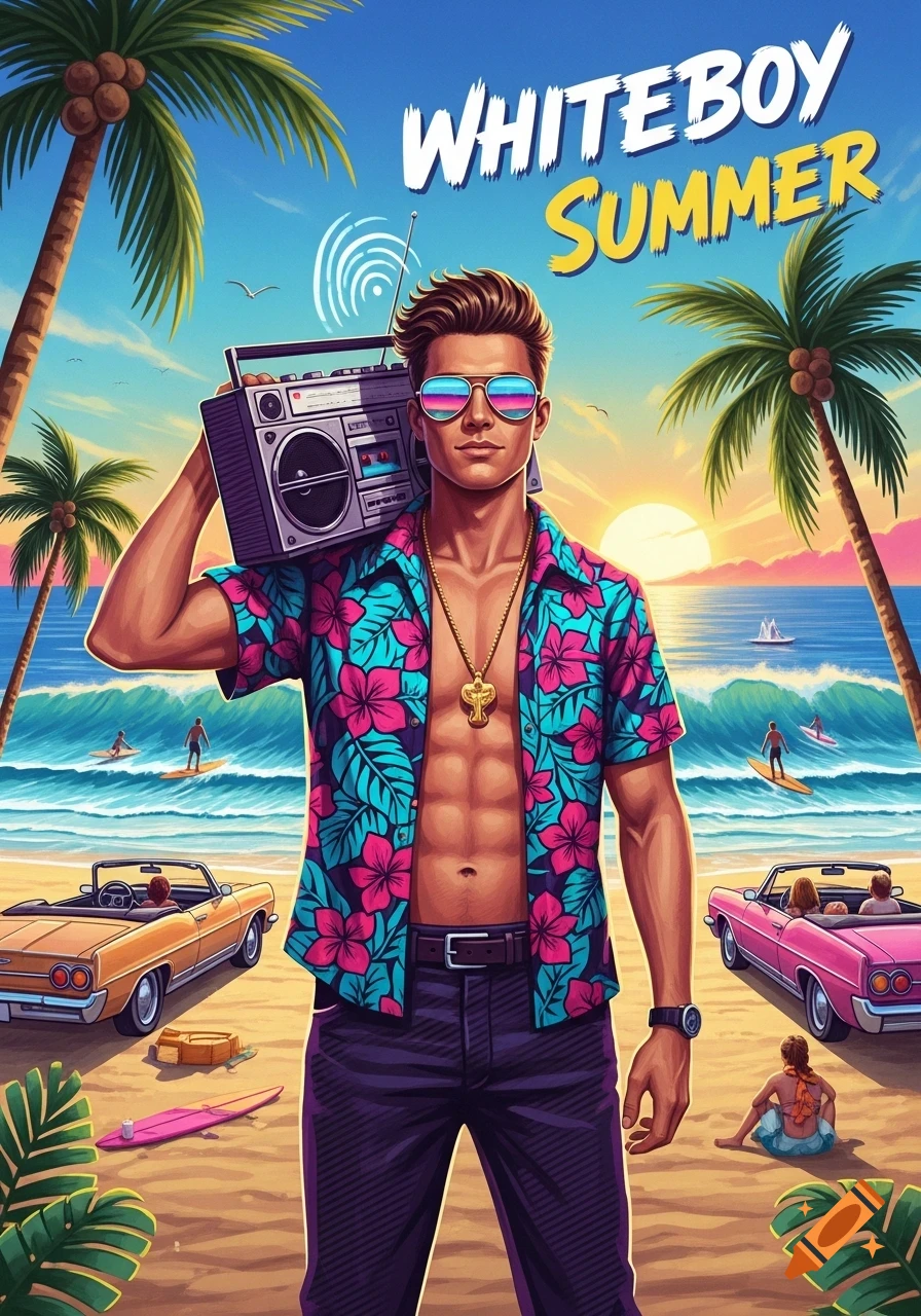A vibrant 80s-style illustration of a muscular man in a Hawaiian shirt and sunglasses, holding a boombox on a beach with palm trees, cars, and surfers. Text reads "WHITEBOY SUMMER".