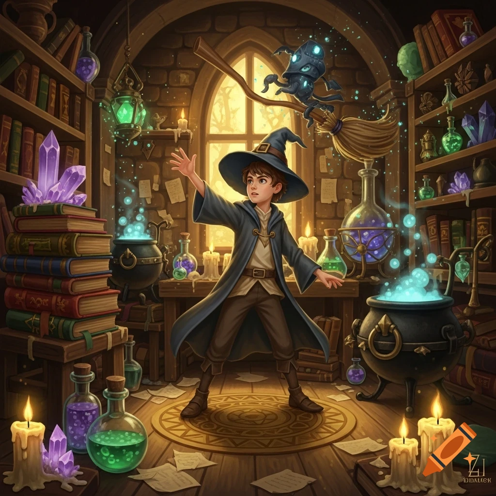 A young wizard casts a spell in a glowing, cluttered magic lab with potions, books, and a creature on a broom.