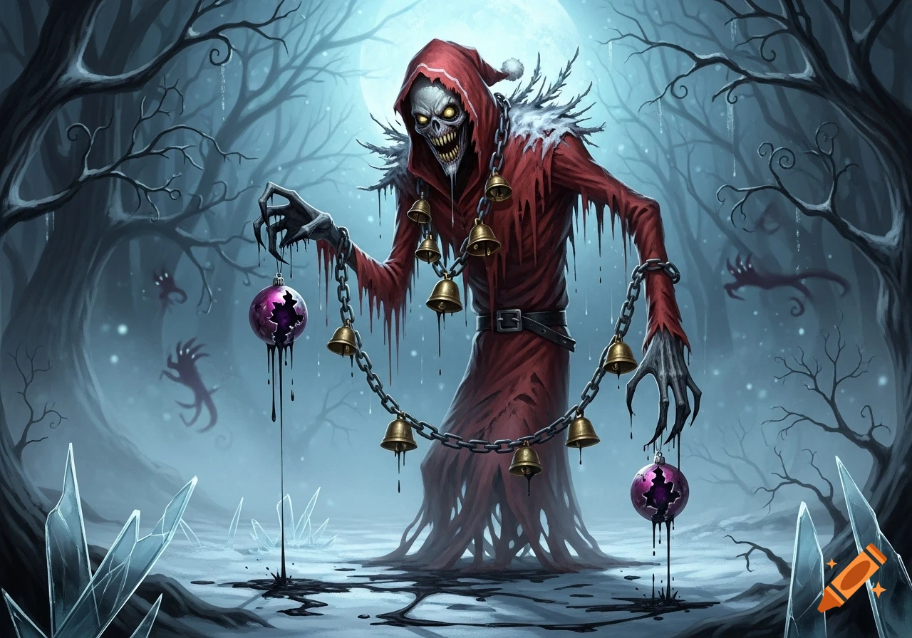 A creepy Christmas monster in a red tattered robe, with glowing eyes and sharp teeth, holding broken ornaments and chains with bells in a snowy, eerie forest.