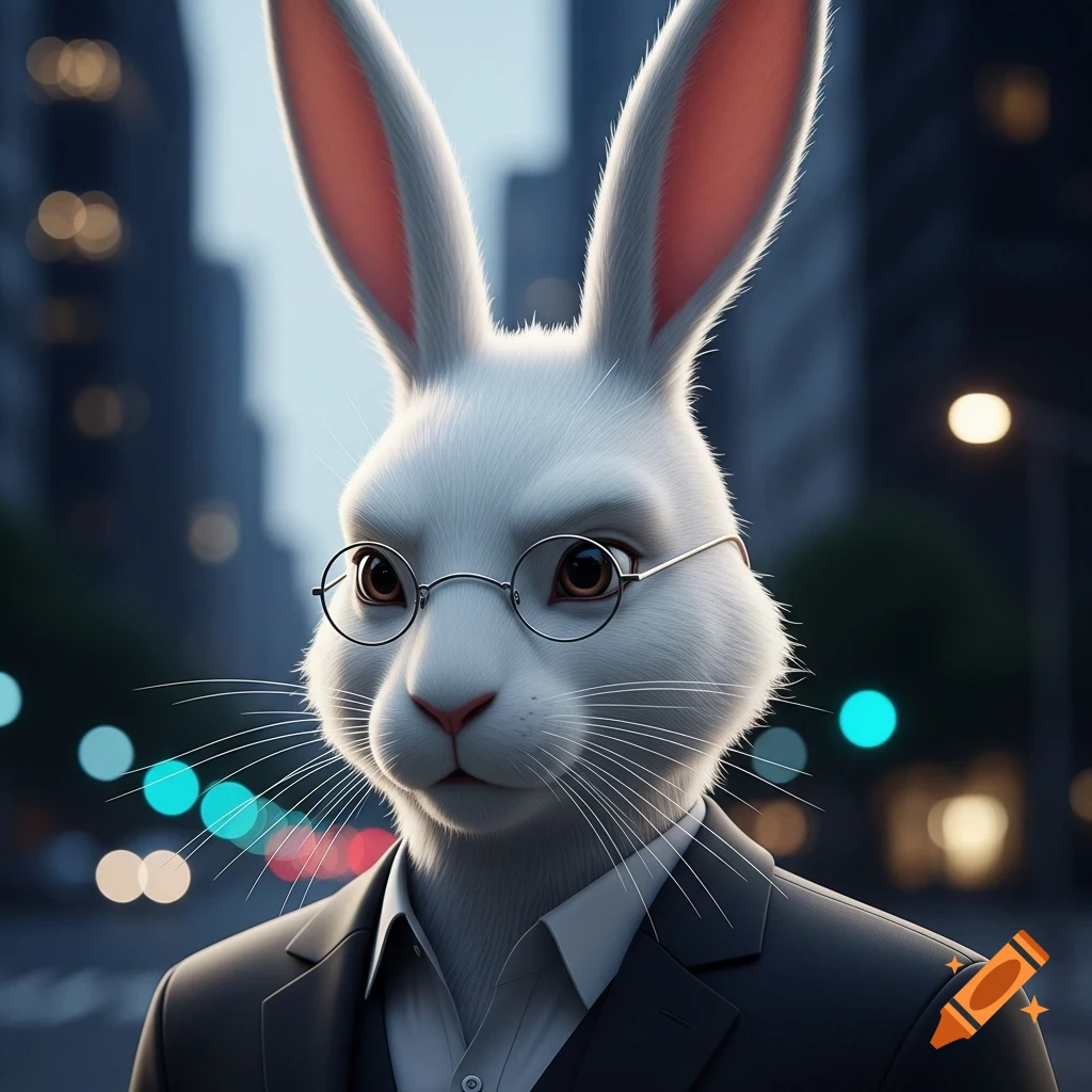 A photorealistic white anthropomorphic rabbit in a suit and round glasses stands in a blurry city street at dusk.
