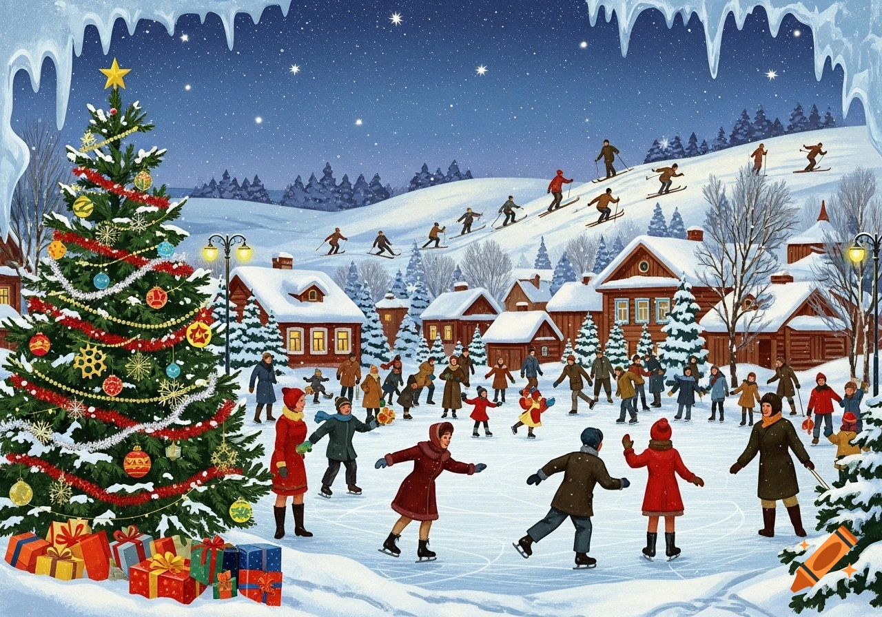 Vibrant winter illustration of a snowy village with people ice skating and skiing, a decorated Christmas tree, and gifts under a starry night.