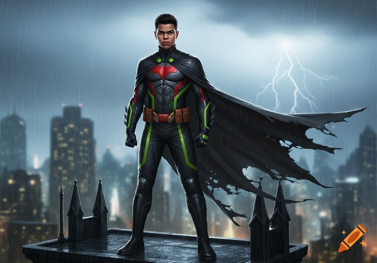 Damian Wayne, a superhero in a black, red, and green costume and torn cape, stands on a rainy city rooftop under lightning.