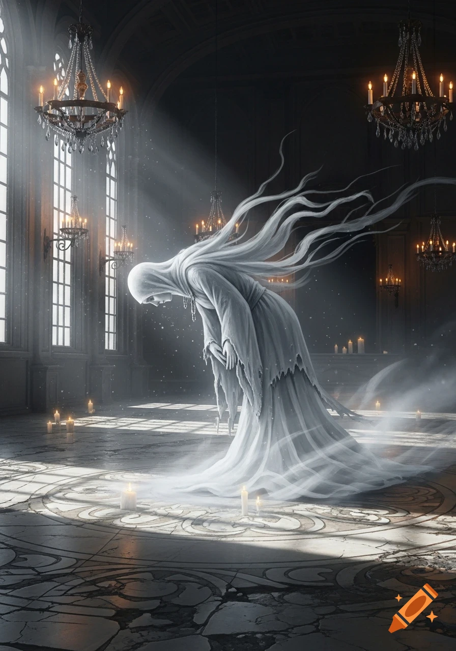 An ethereal ghost with flowing white hair bows low in a grand, dark gothic hall illuminated by chandeliers and candles.