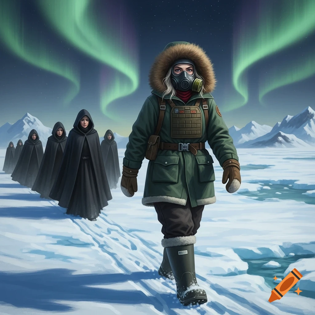 A woman in a parka and gas mask walks across an icy Arctic landscape under the aurora borealis, followed by cloaked figures.