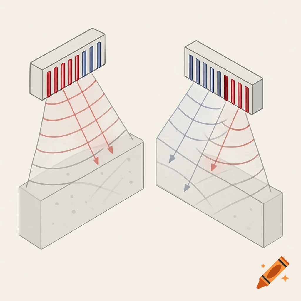 Clean scientific schematic of an RCA ultrasonic array transmitting and receiving orthogonal plane waves into a solid block.