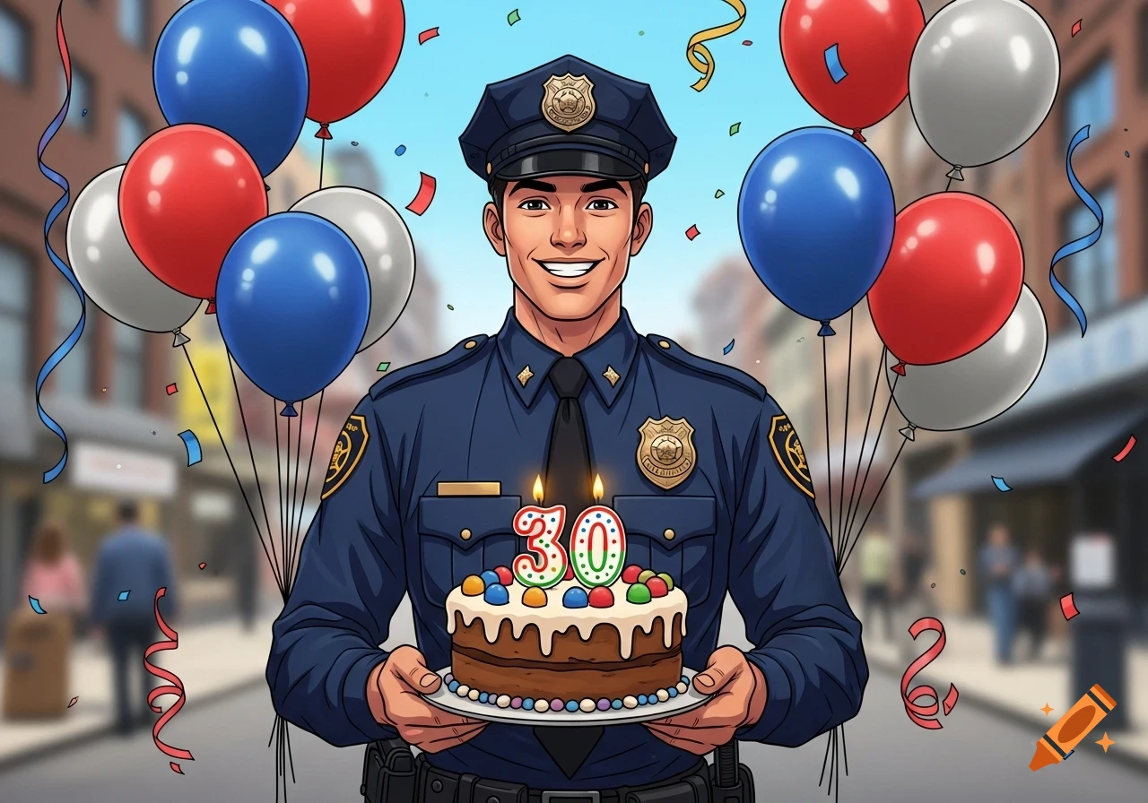 A smiling cartoon police officer in uniform holds a birthday cake with '30' candles, surrounded by balloons and confetti on a street.