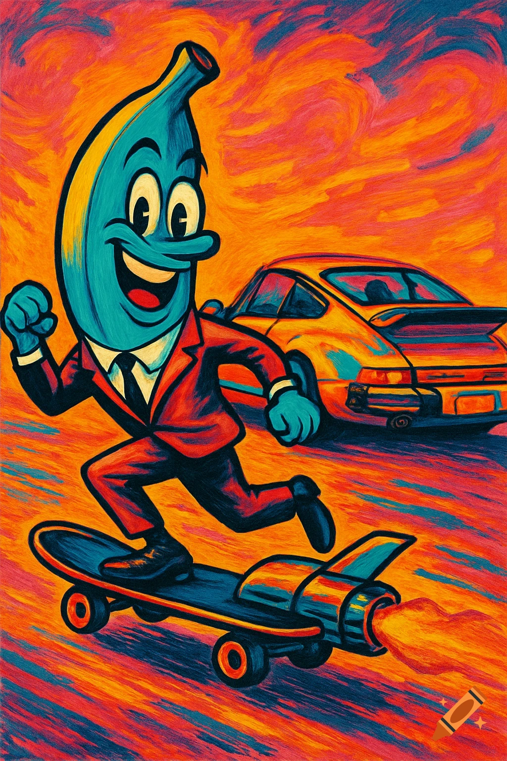 A blue banana character in a suit rides a jet skateboard with a Porsche 911 in the background, in a vibrant Pop Art Impressionist style.